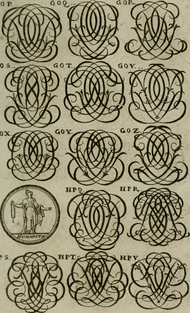 An illustration from Recueil d'emblêmes, devises, medailles, et figures hieroglyphiques, au nombre de plus de douze cent, avec leurs explications : accompagné de plus de deux mille chiffres fleuronnez simples, doubles & triples : d'une manière nouvelle & fort curieuse pour tous les noms imaginables : avec les tenants, supports, & cimiers servans aux ornemens des armes : cet ouvrage qui est enrichy de deux cens cinquante planches en taille-douce, est très-utile aux graveurs, peintres, sculpteurs, orfevres, brodeurs, serruriers, & à tous ceux qui travaillent au dessein, 1724, leaf 264