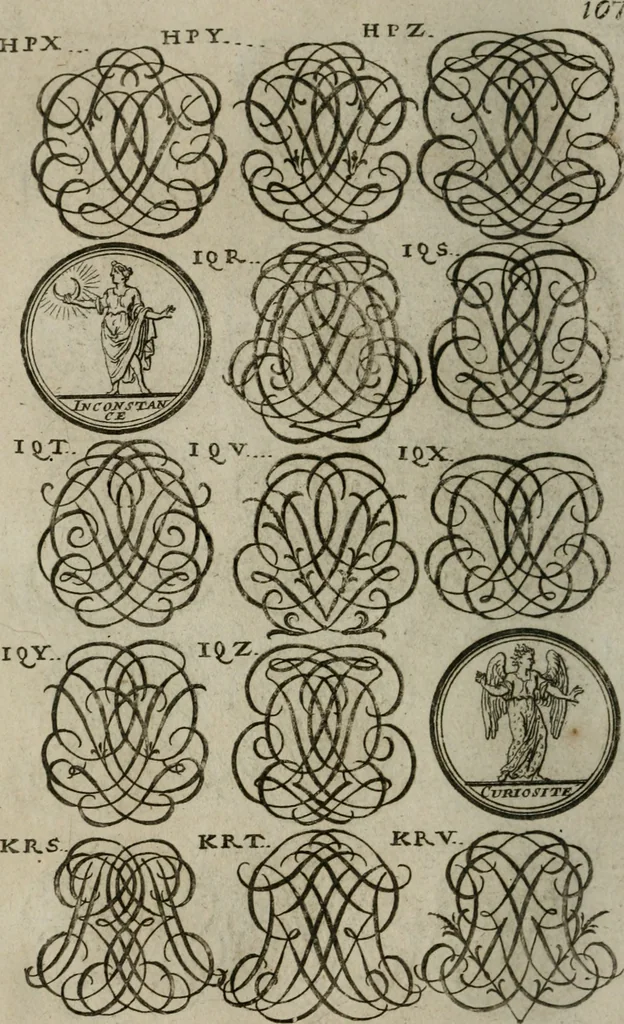 An illustration from Recueil d'emblêmes, devises, medailles, et figures hieroglyphiques, au nombre de plus de douze cent, avec leurs explications : accompagné de plus de deux mille chiffres fleuronnez simples, doubles & triples : d'une manière nouvelle & fort curieuse pour tous les noms imaginables : avec les tenants, supports, & cimiers servans aux ornemens des armes : cet ouvrage qui est enrichy de deux cens cinquante planches en taille-douce, est très-utile aux graveurs, peintres, sculpteurs, orfevres, brodeurs, serruriers, & à tous ceux qui travaillent au dessein, 1724, leaf 265