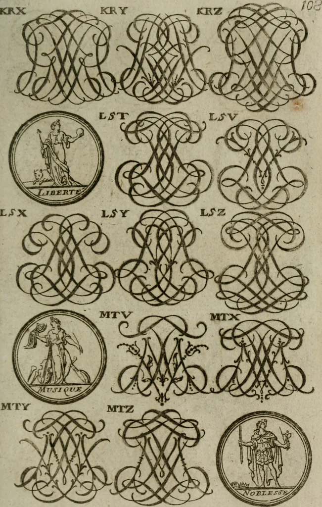 An illustration from Recueil d'emblêmes, devises, medailles, et figures hieroglyphiques, au nombre de plus de douze cent, avec leurs explications : accompagné de plus de deux mille chiffres fleuronnez simples, doubles & triples : d'une manière nouvelle & fort curieuse pour tous les noms imaginables : avec les tenants, supports, & cimiers servans aux ornemens des armes : cet ouvrage qui est enrichy de deux cens cinquante planches en taille-douce, est très-utile aux graveurs, peintres, sculpteurs, orfevres, brodeurs, serruriers, & à tous ceux qui travaillent au dessein, 1724, leaf 266
