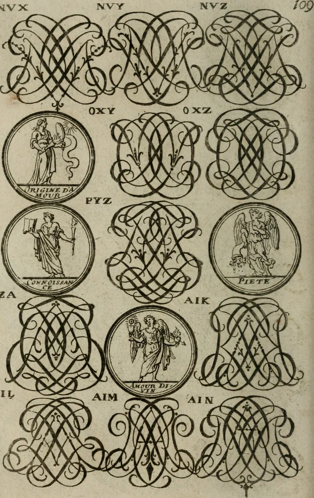 An illustration from Recueil d'emblêmes, devises, medailles, et figures hieroglyphiques, au nombre de plus de douze cent, avec leurs explications : accompagné de plus de deux mille chiffres fleuronnez simples, doubles & triples : d'une manière nouvelle & fort curieuse pour tous les noms imaginables : avec les tenants, supports, & cimiers servans aux ornemens des armes : cet ouvrage qui est enrichy de deux cens cinquante planches en taille-douce, est très-utile aux graveurs, peintres, sculpteurs, orfevres, brodeurs, serruriers, & à tous ceux qui travaillent au dessein, 1724, leaf 267