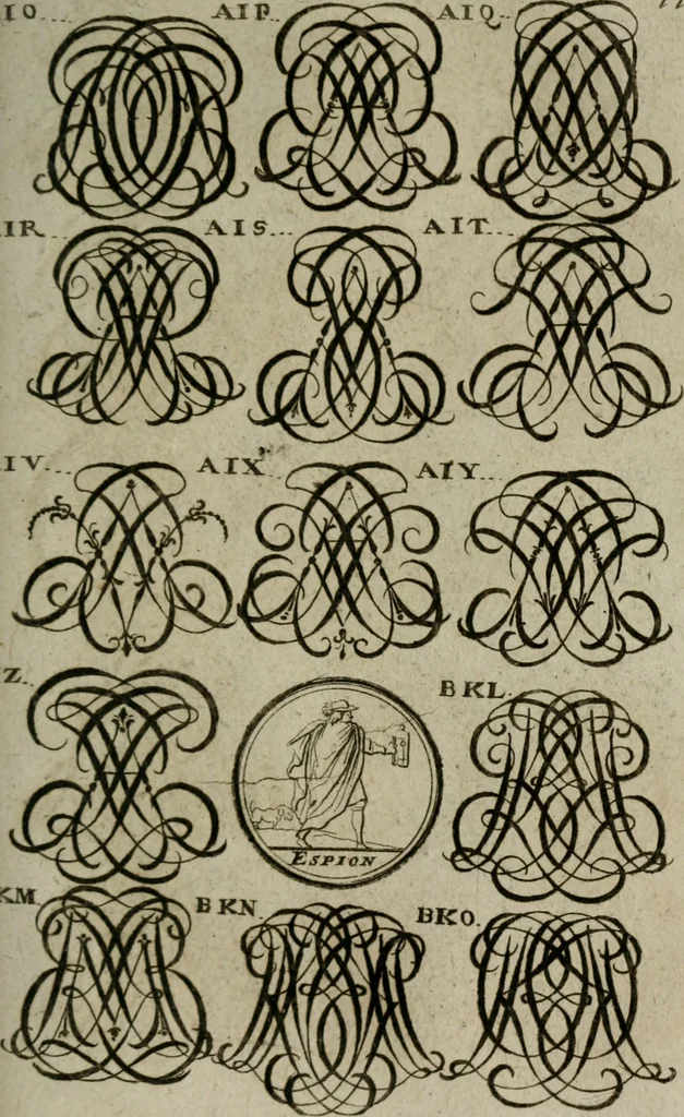 An illustration from Recueil d'emblêmes, devises, medailles, et figures hieroglyphiques, au nombre de plus de douze cent, avec leurs explications : accompagné de plus de deux mille chiffres fleuronnez simples, doubles & triples : d'une manière nouvelle & fort curieuse pour tous les noms imaginables : avec les tenants, supports, & cimiers servans aux ornemens des armes : cet ouvrage qui est enrichy de deux cens cinquante planches en taille-douce, est très-utile aux graveurs, peintres, sculpteurs, orfevres, brodeurs, serruriers, & à tous ceux qui travaillent au dessein, 1724, leaf 268