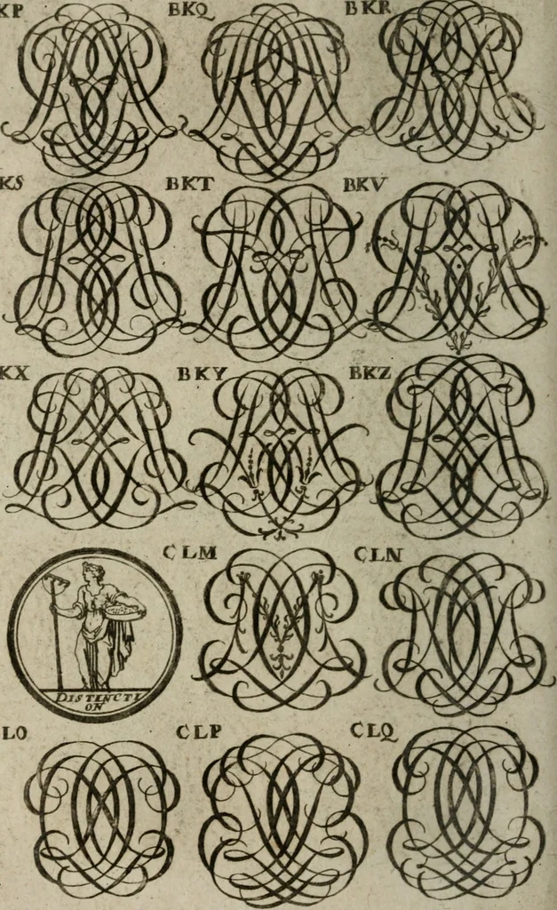An illustration from Recueil d'emblêmes, devises, medailles, et figures hieroglyphiques, au nombre de plus de douze cent, avec leurs explications : accompagné de plus de deux mille chiffres fleuronnez simples, doubles & triples : d'une manière nouvelle & fort curieuse pour tous les noms imaginables : avec les tenants, supports, & cimiers servans aux ornemens des armes : cet ouvrage qui est enrichy de deux cens cinquante planches en taille-douce, est très-utile aux graveurs, peintres, sculpteurs, orfevres, brodeurs, serruriers, & à tous ceux qui travaillent au dessein, 1724, leaf 269