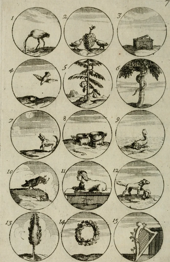 An illustration from Recueil d'emblêmes, devises, medailles, et figures hieroglyphiques, au nombre de plus de douze cent, avec leurs explications : accompagné de plus de deux mille chiffres fleuronnez simples, doubles & triples : d'une manière nouvelle & fort curieuse pour tous les noms imaginables : avec les tenants, supports, & cimiers servans aux ornemens des armes : cet ouvrage qui est enrichy de deux cens cinquante planches en taille-douce, est très-utile aux graveurs, peintres, sculpteurs, orfevres, brodeurs, serruriers, & à tous ceux qui travaillent au dessein, 1724, leaf 27