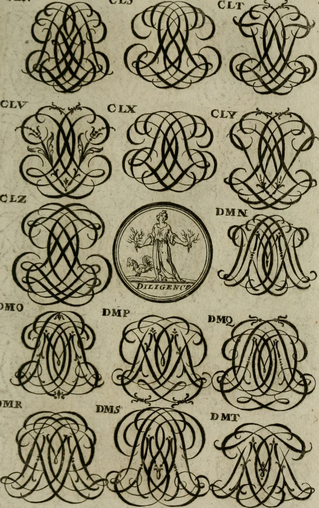 An illustration from Recueil d'emblêmes, devises, medailles, et figures hieroglyphiques, au nombre de plus de douze cent, avec leurs explications : accompagné de plus de deux mille chiffres fleuronnez simples, doubles & triples : d'une manière nouvelle & fort curieuse pour tous les noms imaginables : avec les tenants, supports, & cimiers servans aux ornemens des armes : cet ouvrage qui est enrichy de deux cens cinquante planches en taille-douce, est très-utile aux graveurs, peintres, sculpteurs, orfevres, brodeurs, serruriers, & à tous ceux qui travaillent au dessein, 1724, leaf 270