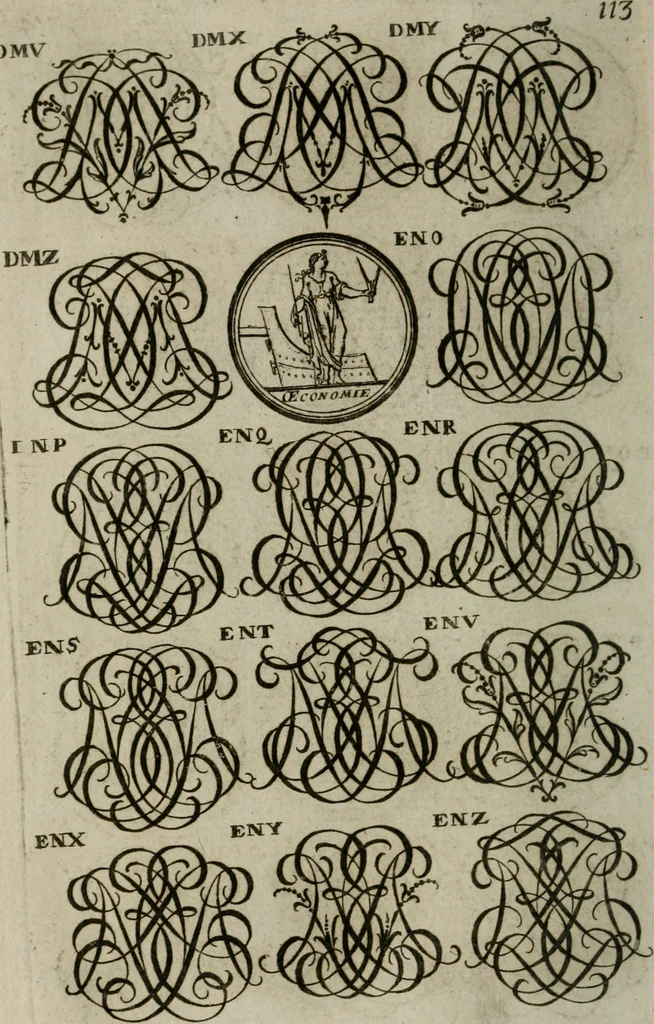 An illustration from Recueil d'emblêmes, devises, medailles, et figures hieroglyphiques, au nombre de plus de douze cent, avec leurs explications : accompagné de plus de deux mille chiffres fleuronnez simples, doubles & triples : d'une manière nouvelle & fort curieuse pour tous les noms imaginables : avec les tenants, supports, & cimiers servans aux ornemens des armes : cet ouvrage qui est enrichy de deux cens cinquante planches en taille-douce, est très-utile aux graveurs, peintres, sculpteurs, orfevres, brodeurs, serruriers, & à tous ceux qui travaillent au dessein, 1724, leaf 271