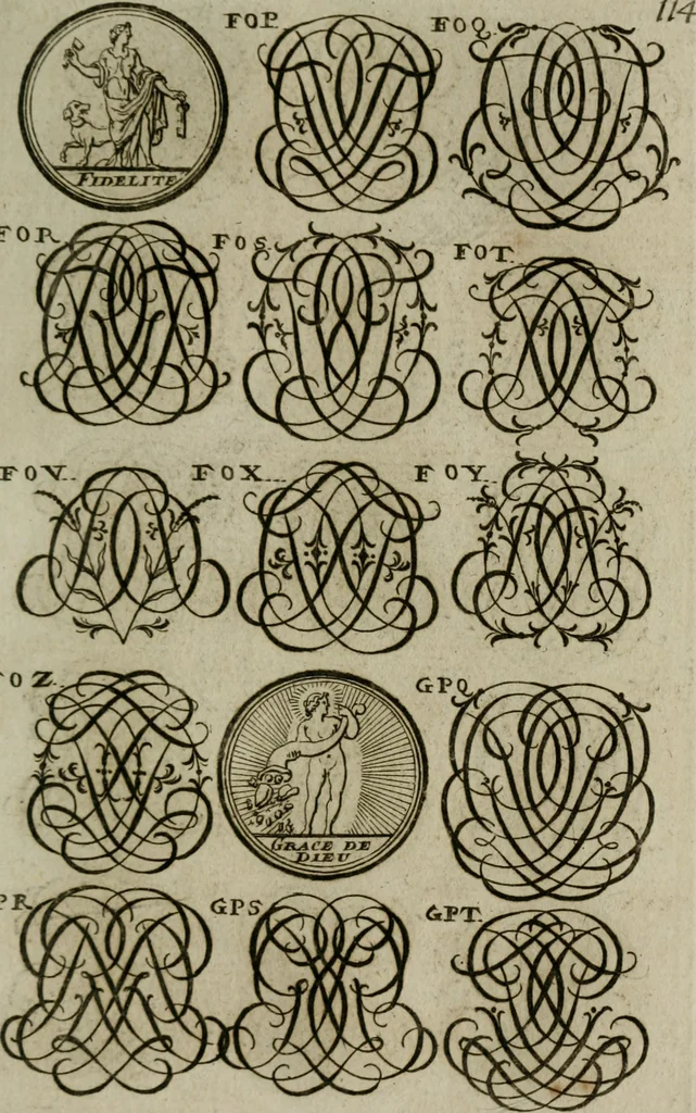 An illustration from Recueil d'emblêmes, devises, medailles, et figures hieroglyphiques, au nombre de plus de douze cent, avec leurs explications : accompagné de plus de deux mille chiffres fleuronnez simples, doubles & triples : d'une manière nouvelle & fort curieuse pour tous les noms imaginables : avec les tenants, supports, & cimiers servans aux ornemens des armes : cet ouvrage qui est enrichy de deux cens cinquante planches en taille-douce, est très-utile aux graveurs, peintres, sculpteurs, orfevres, brodeurs, serruriers, & à tous ceux qui travaillent au dessein, 1724, leaf 272