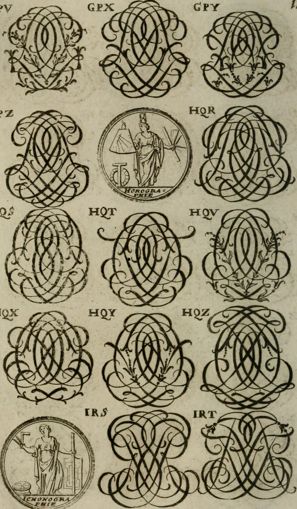 An illustration from Recueil d'emblêmes, devises, medailles, et figures hieroglyphiques, au nombre de plus de douze cent, avec leurs explications : accompagné de plus de deux mille chiffres fleuronnez simples, doubles & triples : d'une manière nouvelle & fort curieuse pour tous les noms imaginables : avec les tenants, supports, & cimiers servans aux ornemens des armes : cet ouvrage qui est enrichy de deux cens cinquante planches en taille-douce, est très-utile aux graveurs, peintres, sculpteurs, orfevres, brodeurs, serruriers, & à tous ceux qui travaillent au dessein, 1724, leaf 273