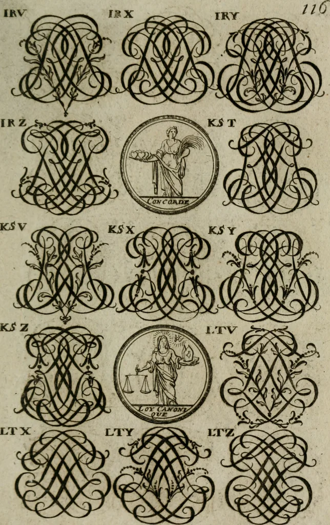 An illustration from Recueil d'emblêmes, devises, medailles, et figures hieroglyphiques, au nombre de plus de douze cent, avec leurs explications : accompagné de plus de deux mille chiffres fleuronnez simples, doubles & triples : d'une manière nouvelle & fort curieuse pour tous les noms imaginables : avec les tenants, supports, & cimiers servans aux ornemens des armes : cet ouvrage qui est enrichy de deux cens cinquante planches en taille-douce, est très-utile aux graveurs, peintres, sculpteurs, orfevres, brodeurs, serruriers, & à tous ceux qui travaillent au dessein, 1724, leaf 274