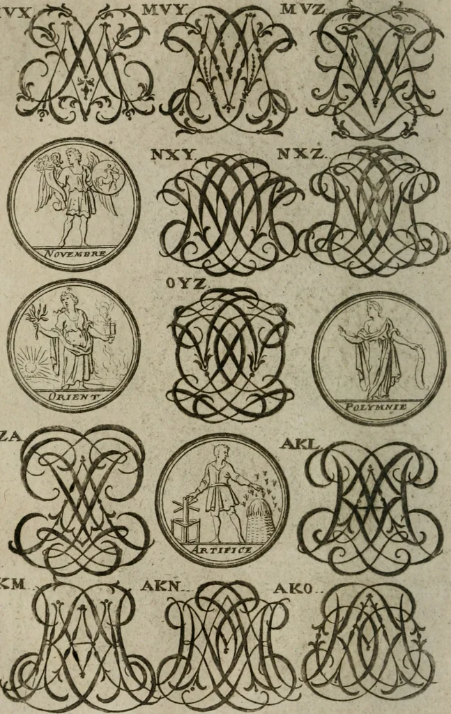 An illustration from Recueil d'emblêmes, devises, medailles, et figures hieroglyphiques, au nombre de plus de douze cent, avec leurs explications : accompagné de plus de deux mille chiffres fleuronnez simples, doubles & triples : d'une manière nouvelle & fort curieuse pour tous les noms imaginables : avec les tenants, supports, & cimiers servans aux ornemens des armes : cet ouvrage qui est enrichy de deux cens cinquante planches en taille-douce, est très-utile aux graveurs, peintres, sculpteurs, orfevres, brodeurs, serruriers, & à tous ceux qui travaillent au dessein, 1724, leaf 275