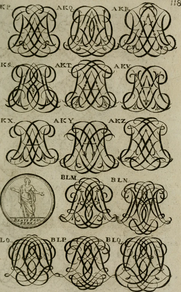 An illustration from Recueil d'emblêmes, devises, medailles, et figures hieroglyphiques, au nombre de plus de douze cent, avec leurs explications : accompagné de plus de deux mille chiffres fleuronnez simples, doubles & triples : d'une manière nouvelle & fort curieuse pour tous les noms imaginables : avec les tenants, supports, & cimiers servans aux ornemens des armes : cet ouvrage qui est enrichy de deux cens cinquante planches en taille-douce, est très-utile aux graveurs, peintres, sculpteurs, orfevres, brodeurs, serruriers, & à tous ceux qui travaillent au dessein, 1724, leaf 276