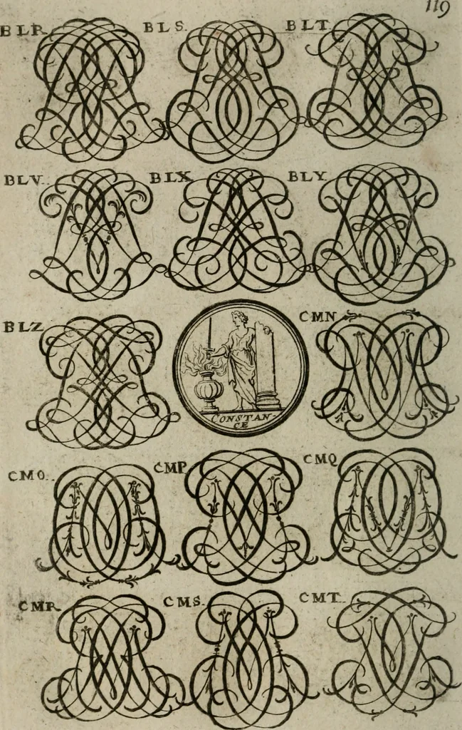 An illustration from Recueil d'emblêmes, devises, medailles, et figures hieroglyphiques, au nombre de plus de douze cent, avec leurs explications : accompagné de plus de deux mille chiffres fleuronnez simples, doubles & triples : d'une manière nouvelle & fort curieuse pour tous les noms imaginables : avec les tenants, supports, & cimiers servans aux ornemens des armes : cet ouvrage qui est enrichy de deux cens cinquante planches en taille-douce, est très-utile aux graveurs, peintres, sculpteurs, orfevres, brodeurs, serruriers, & à tous ceux qui travaillent au dessein, 1724, leaf 277