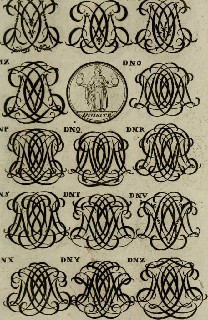 An illustration from Recueil d'emblêmes, devises, medailles, et figures hieroglyphiques, au nombre de plus de douze cent, avec leurs explications : accompagné de plus de deux mille chiffres fleuronnez simples, doubles & triples : d'une manière nouvelle & fort curieuse pour tous les noms imaginables : avec les tenants, supports, & cimiers servans aux ornemens des armes : cet ouvrage qui est enrichy de deux cens cinquante planches en taille-douce, est très-utile aux graveurs, peintres, sculpteurs, orfevres, brodeurs, serruriers, & à tous ceux qui travaillent au dessein, 1724, leaf 278