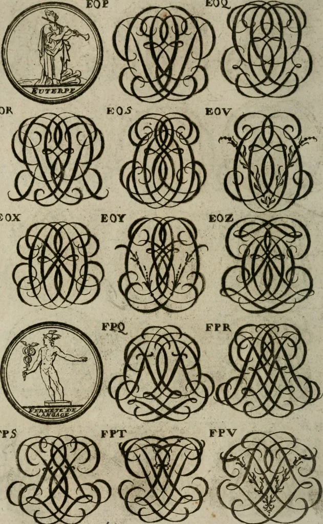 An illustration from Recueil d'emblêmes, devises, medailles, et figures hieroglyphiques, au nombre de plus de douze cent, avec leurs explications : accompagné de plus de deux mille chiffres fleuronnez simples, doubles & triples : d'une manière nouvelle & fort curieuse pour tous les noms imaginables : avec les tenants, supports, & cimiers servans aux ornemens des armes : cet ouvrage qui est enrichy de deux cens cinquante planches en taille-douce, est très-utile aux graveurs, peintres, sculpteurs, orfevres, brodeurs, serruriers, & à tous ceux qui travaillent au dessein, 1724, leaf 279