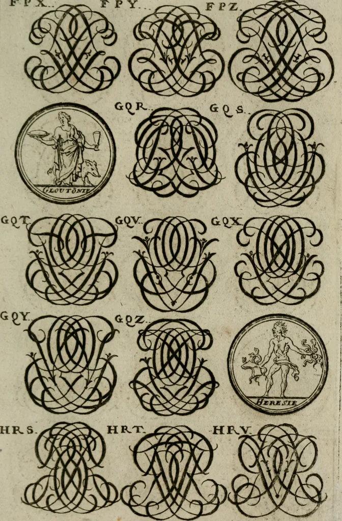 An illustration from Recueil d'emblêmes, devises, medailles, et figures hieroglyphiques, au nombre de plus de douze cent, avec leurs explications : accompagné de plus de deux mille chiffres fleuronnez simples, doubles & triples : d'une manière nouvelle & fort curieuse pour tous les noms imaginables : avec les tenants, supports, & cimiers servans aux ornemens des armes : cet ouvrage qui est enrichy de deux cens cinquante planches en taille-douce, est très-utile aux graveurs, peintres, sculpteurs, orfevres, brodeurs, serruriers, & à tous ceux qui travaillent au dessein, 1724, leaf 280