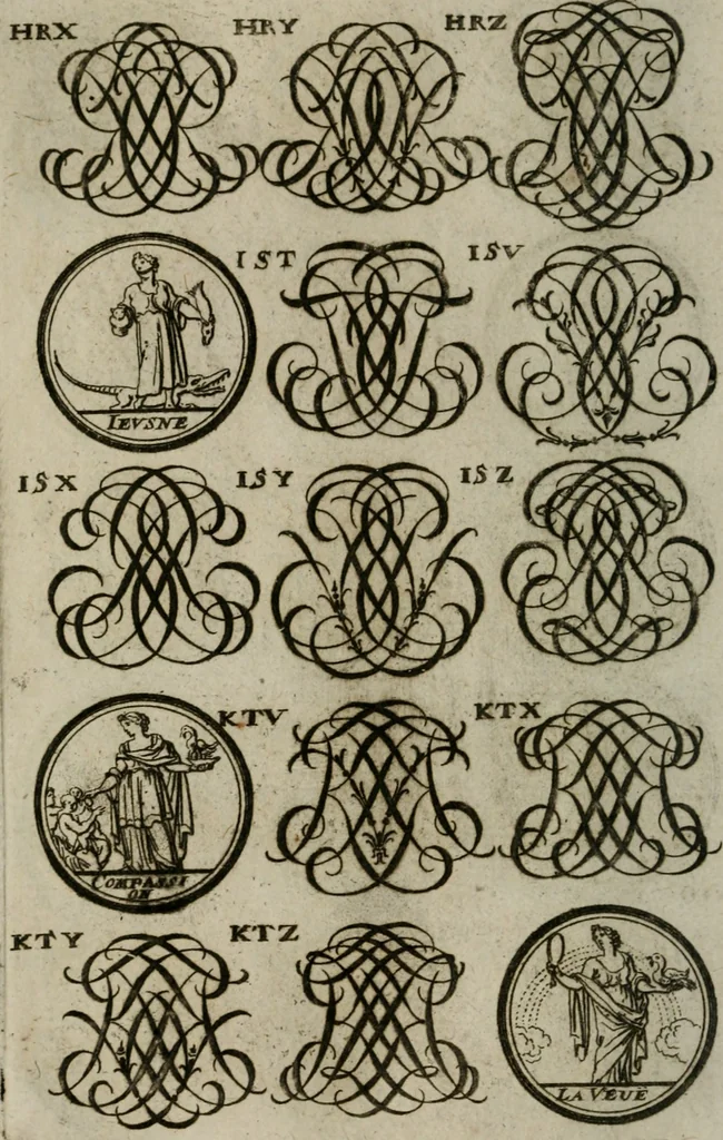 An illustration from Recueil d'emblêmes, devises, medailles, et figures hieroglyphiques, au nombre de plus de douze cent, avec leurs explications : accompagné de plus de deux mille chiffres fleuronnez simples, doubles & triples : d'une manière nouvelle & fort curieuse pour tous les noms imaginables : avec les tenants, supports, & cimiers servans aux ornemens des armes : cet ouvrage qui est enrichy de deux cens cinquante planches en taille-douce, est très-utile aux graveurs, peintres, sculpteurs, orfevres, brodeurs, serruriers, & à tous ceux qui travaillent au dessein, 1724, leaf 281