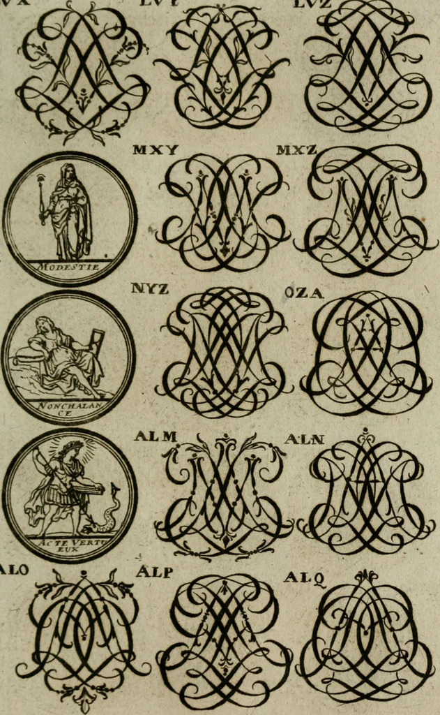 An illustration from Recueil d'emblêmes, devises, medailles, et figures hieroglyphiques, au nombre de plus de douze cent, avec leurs explications : accompagné de plus de deux mille chiffres fleuronnez simples, doubles & triples : d'une manière nouvelle & fort curieuse pour tous les noms imaginables : avec les tenants, supports, & cimiers servans aux ornemens des armes : cet ouvrage qui est enrichy de deux cens cinquante planches en taille-douce, est très-utile aux graveurs, peintres, sculpteurs, orfevres, brodeurs, serruriers, & à tous ceux qui travaillent au dessein, 1724, leaf 282