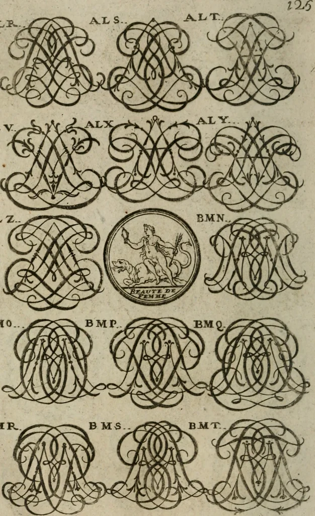 An illustration from Recueil d'emblêmes, devises, medailles, et figures hieroglyphiques, au nombre de plus de douze cent, avec leurs explications : accompagné de plus de deux mille chiffres fleuronnez simples, doubles & triples : d'une manière nouvelle & fort curieuse pour tous les noms imaginables : avec les tenants, supports, & cimiers servans aux ornemens des armes : cet ouvrage qui est enrichy de deux cens cinquante planches en taille-douce, est très-utile aux graveurs, peintres, sculpteurs, orfevres, brodeurs, serruriers, & à tous ceux qui travaillent au dessein, 1724, leaf 283