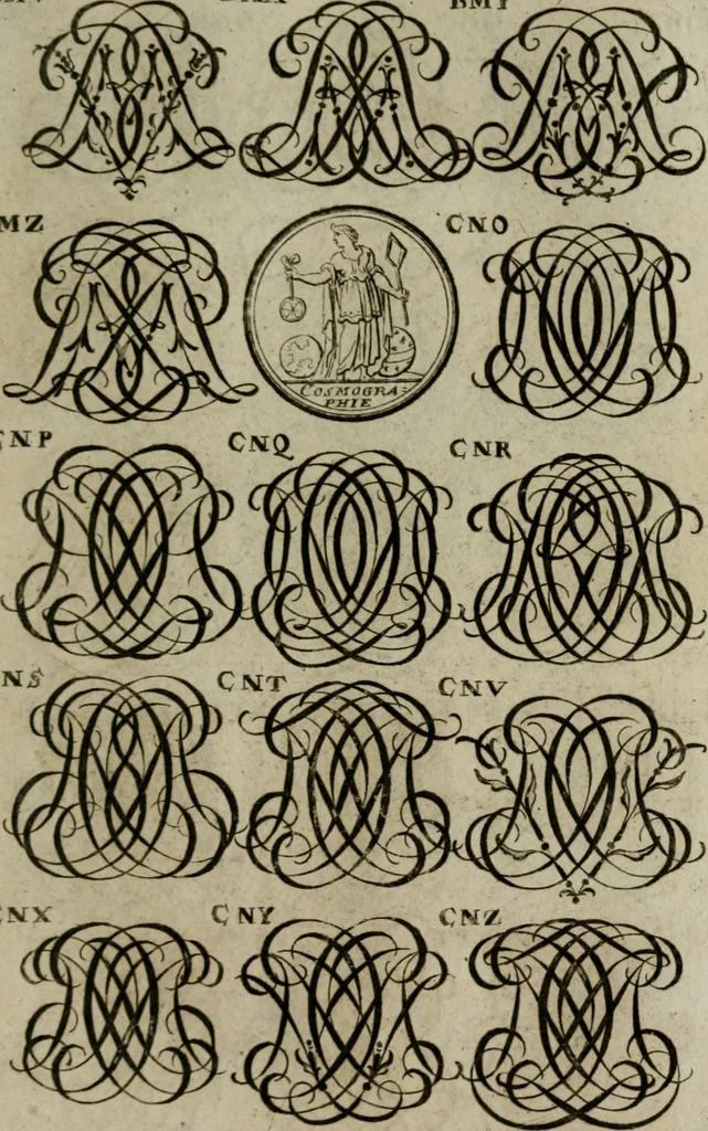 An illustration from Recueil d'emblêmes, devises, medailles, et figures hieroglyphiques, au nombre de plus de douze cent, avec leurs explications : accompagné de plus de deux mille chiffres fleuronnez simples, doubles & triples : d'une manière nouvelle & fort curieuse pour tous les noms imaginables : avec les tenants, supports, & cimiers servans aux ornemens des armes : cet ouvrage qui est enrichy de deux cens cinquante planches en taille-douce, est très-utile aux graveurs, peintres, sculpteurs, orfevres, brodeurs, serruriers, & à tous ceux qui travaillent au dessein, 1724, leaf 284