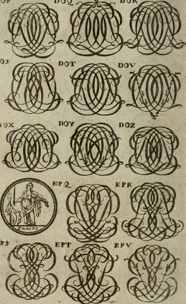An illustration from Recueil d'emblêmes, devises, medailles, et figures hieroglyphiques, au nombre de plus de douze cent, avec leurs explications : accompagné de plus de deux mille chiffres fleuronnez simples, doubles & triples : d'une manière nouvelle & fort curieuse pour tous les noms imaginables : avec les tenants, supports, & cimiers servans aux ornemens des armes : cet ouvrage qui est enrichy de deux cens cinquante planches en taille-douce, est très-utile aux graveurs, peintres, sculpteurs, orfevres, brodeurs, serruriers, & à tous ceux qui travaillent au dessein, 1724, leaf 285