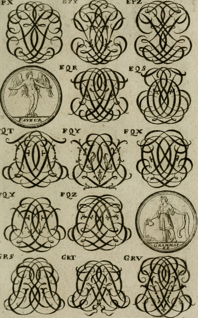 An illustration from Recueil d'emblêmes, devises, medailles, et figures hieroglyphiques, au nombre de plus de douze cent, avec leurs explications : accompagné de plus de deux mille chiffres fleuronnez simples, doubles & triples : d'une manière nouvelle & fort curieuse pour tous les noms imaginables : avec les tenants, supports, & cimiers servans aux ornemens des armes : cet ouvrage qui est enrichy de deux cens cinquante planches en taille-douce, est très-utile aux graveurs, peintres, sculpteurs, orfevres, brodeurs, serruriers, & à tous ceux qui travaillent au dessein, 1724, leaf 286