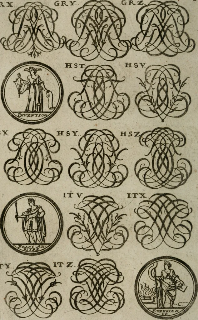 An illustration from Recueil d'emblêmes, devises, medailles, et figures hieroglyphiques, au nombre de plus de douze cent, avec leurs explications : accompagné de plus de deux mille chiffres fleuronnez simples, doubles & triples : d'une manière nouvelle & fort curieuse pour tous les noms imaginables : avec les tenants, supports, & cimiers servans aux ornemens des armes : cet ouvrage qui est enrichy de deux cens cinquante planches en taille-douce, est très-utile aux graveurs, peintres, sculpteurs, orfevres, brodeurs, serruriers, & à tous ceux qui travaillent au dessein, 1724, leaf 287