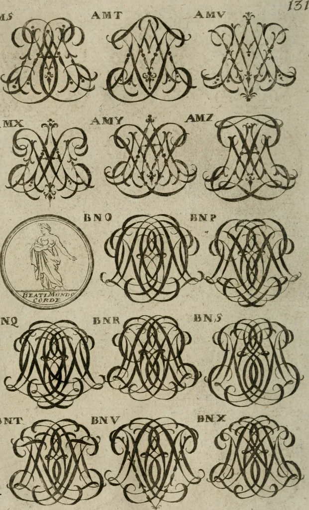 An illustration from Recueil d'emblêmes, devises, medailles, et figures hieroglyphiques, au nombre de plus de douze cent, avec leurs explications : accompagné de plus de deux mille chiffres fleuronnez simples, doubles & triples : d'une manière nouvelle & fort curieuse pour tous les noms imaginables : avec les tenants, supports, & cimiers servans aux ornemens des armes : cet ouvrage qui est enrichy de deux cens cinquante planches en taille-douce, est très-utile aux graveurs, peintres, sculpteurs, orfevres, brodeurs, serruriers, & à tous ceux qui travaillent au dessein, 1724, leaf 289