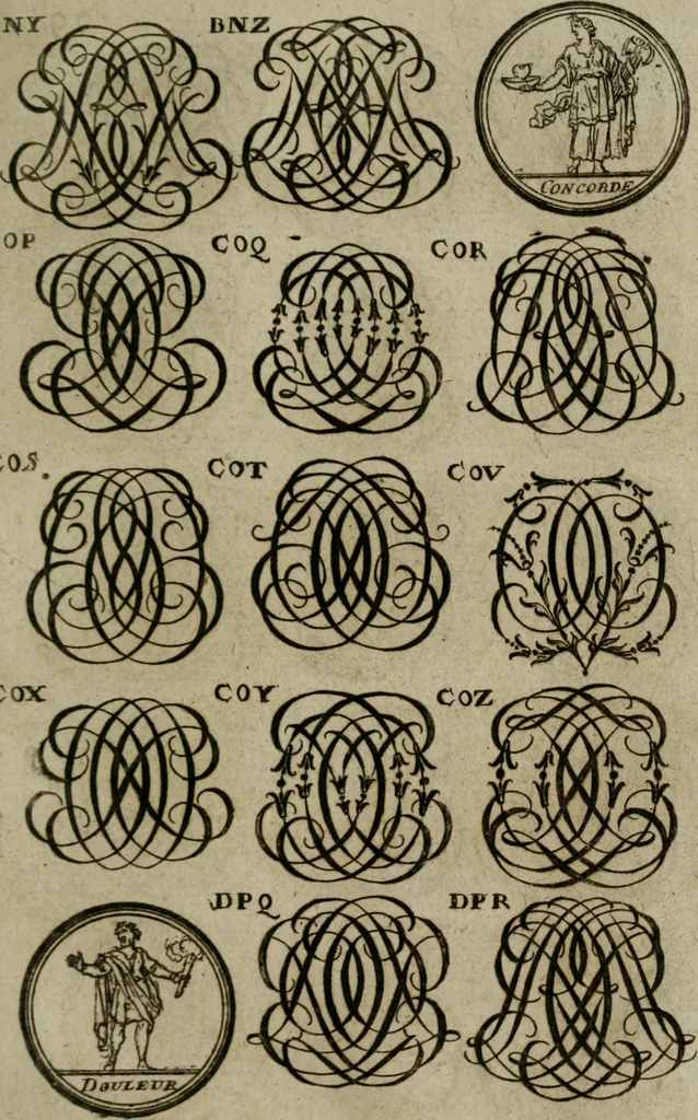 An illustration from Recueil d'emblêmes, devises, medailles, et figures hieroglyphiques, au nombre de plus de douze cent, avec leurs explications : accompagné de plus de deux mille chiffres fleuronnez simples, doubles & triples : d'une manière nouvelle & fort curieuse pour tous les noms imaginables : avec les tenants, supports, & cimiers servans aux ornemens des armes : cet ouvrage qui est enrichy de deux cens cinquante planches en taille-douce, est très-utile aux graveurs, peintres, sculpteurs, orfevres, brodeurs, serruriers, & à tous ceux qui travaillent au dessein, 1724, leaf 290