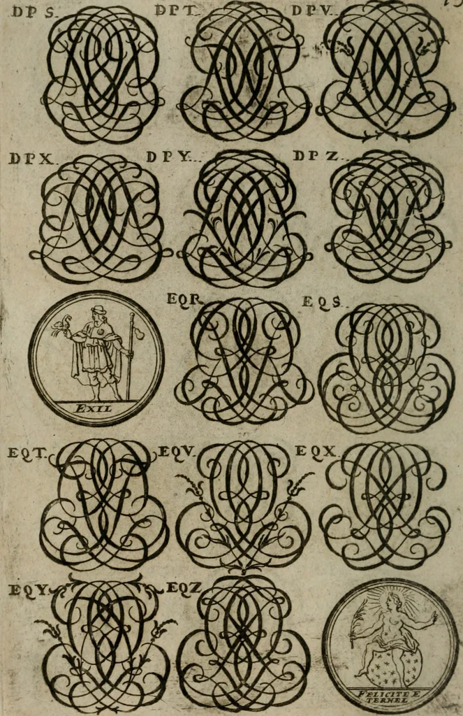 An illustration from Recueil d'emblêmes, devises, medailles, et figures hieroglyphiques, au nombre de plus de douze cent, avec leurs explications : accompagné de plus de deux mille chiffres fleuronnez simples, doubles & triples : d'une manière nouvelle & fort curieuse pour tous les noms imaginables : avec les tenants, supports, & cimiers servans aux ornemens des armes : cet ouvrage qui est enrichy de deux cens cinquante planches en taille-douce, est très-utile aux graveurs, peintres, sculpteurs, orfevres, brodeurs, serruriers, & à tous ceux qui travaillent au dessein, 1724, leaf 291