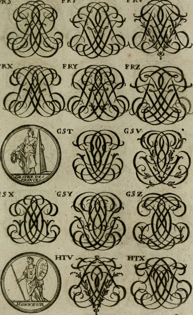 An illustration from Recueil d'emblêmes, devises, medailles, et figures hieroglyphiques, au nombre de plus de douze cent, avec leurs explications : accompagné de plus de deux mille chiffres fleuronnez simples, doubles & triples : d'une manière nouvelle & fort curieuse pour tous les noms imaginables : avec les tenants, supports, & cimiers servans aux ornemens des armes : cet ouvrage qui est enrichy de deux cens cinquante planches en taille-douce, est très-utile aux graveurs, peintres, sculpteurs, orfevres, brodeurs, serruriers, & à tous ceux qui travaillent au dessein, 1724, leaf 292