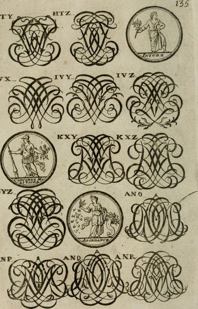 An illustration from Recueil d'emblêmes, devises, medailles, et figures hieroglyphiques, au nombre de plus de douze cent, avec leurs explications : accompagné de plus de deux mille chiffres fleuronnez simples, doubles & triples : d'une manière nouvelle & fort curieuse pour tous les noms imaginables : avec les tenants, supports, & cimiers servans aux ornemens des armes : cet ouvrage qui est enrichy de deux cens cinquante planches en taille-douce, est très-utile aux graveurs, peintres, sculpteurs, orfevres, brodeurs, serruriers, & à tous ceux qui travaillent au dessein, 1724, leaf 293