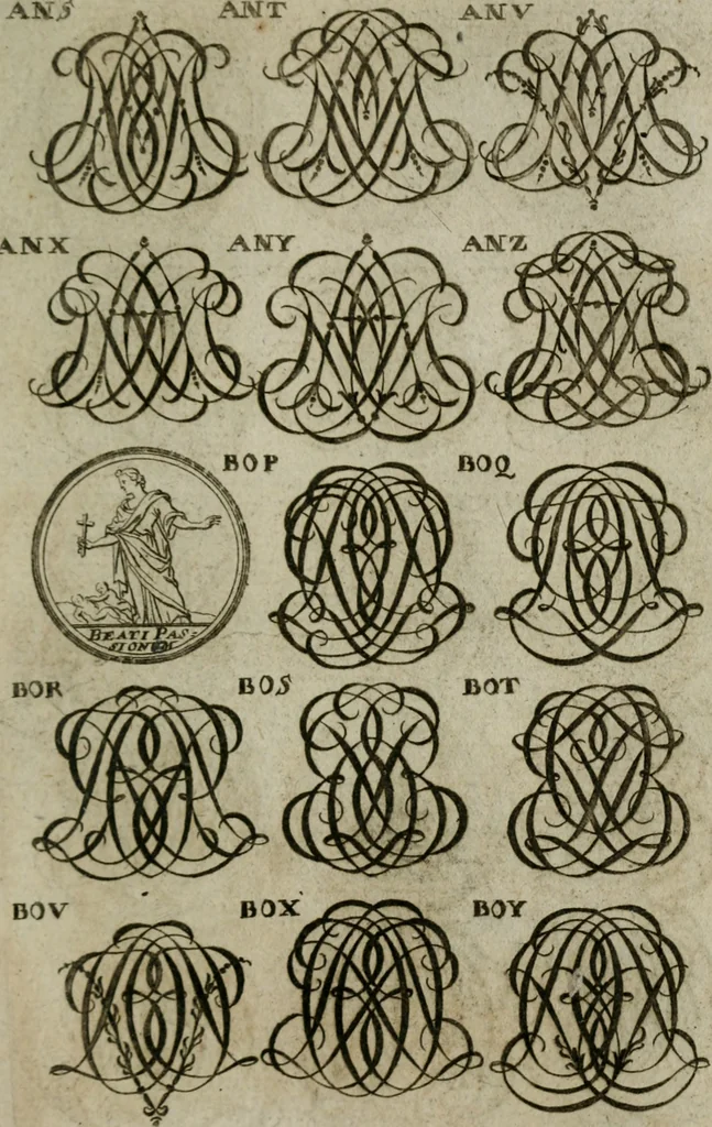 An illustration from Recueil d'emblêmes, devises, medailles, et figures hieroglyphiques, au nombre de plus de douze cent, avec leurs explications : accompagné de plus de deux mille chiffres fleuronnez simples, doubles & triples : d'une manière nouvelle & fort curieuse pour tous les noms imaginables : avec les tenants, supports, & cimiers servans aux ornemens des armes : cet ouvrage qui est enrichy de deux cens cinquante planches en taille-douce, est très-utile aux graveurs, peintres, sculpteurs, orfevres, brodeurs, serruriers, & à tous ceux qui travaillent au dessein, 1724, leaf 294