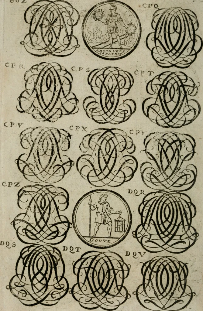 An illustration from Recueil d'emblêmes, devises, medailles, et figures hieroglyphiques, au nombre de plus de douze cent, avec leurs explications : accompagné de plus de deux mille chiffres fleuronnez simples, doubles & triples : d'une manière nouvelle & fort curieuse pour tous les noms imaginables : avec les tenants, supports, & cimiers servans aux ornemens des armes : cet ouvrage qui est enrichy de deux cens cinquante planches en taille-douce, est très-utile aux graveurs, peintres, sculpteurs, orfevres, brodeurs, serruriers, & à tous ceux qui travaillent au dessein, 1724, leaf 295