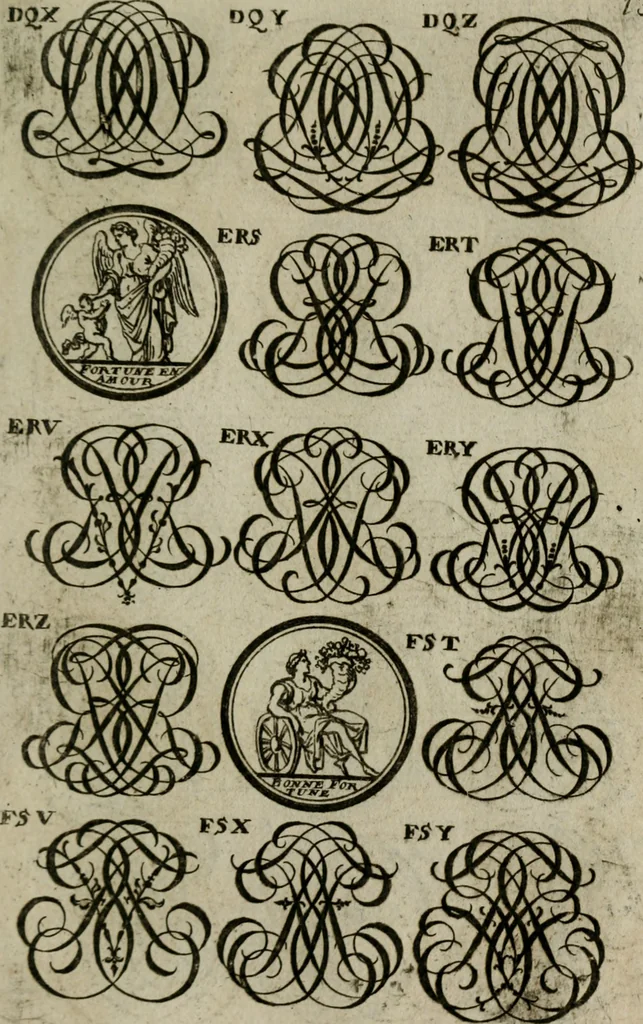 An illustration from Recueil d'emblêmes, devises, medailles, et figures hieroglyphiques, au nombre de plus de douze cent, avec leurs explications : accompagné de plus de deux mille chiffres fleuronnez simples, doubles & triples : d'une manière nouvelle & fort curieuse pour tous les noms imaginables : avec les tenants, supports, & cimiers servans aux ornemens des armes : cet ouvrage qui est enrichy de deux cens cinquante planches en taille-douce, est très-utile aux graveurs, peintres, sculpteurs, orfevres, brodeurs, serruriers, & à tous ceux qui travaillent au dessein, 1724, leaf 296