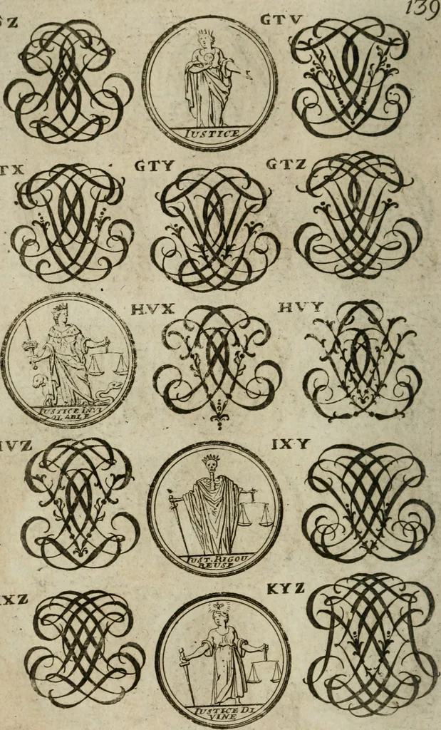 An illustration from Recueil d'emblêmes, devises, medailles, et figures hieroglyphiques, au nombre de plus de douze cent, avec leurs explications : accompagné de plus de deux mille chiffres fleuronnez simples, doubles & triples : d'une manière nouvelle & fort curieuse pour tous les noms imaginables : avec les tenants, supports, & cimiers servans aux ornemens des armes : cet ouvrage qui est enrichy de deux cens cinquante planches en taille-douce, est très-utile aux graveurs, peintres, sculpteurs, orfevres, brodeurs, serruriers, & à tous ceux qui travaillent au dessein, 1724, leaf 297