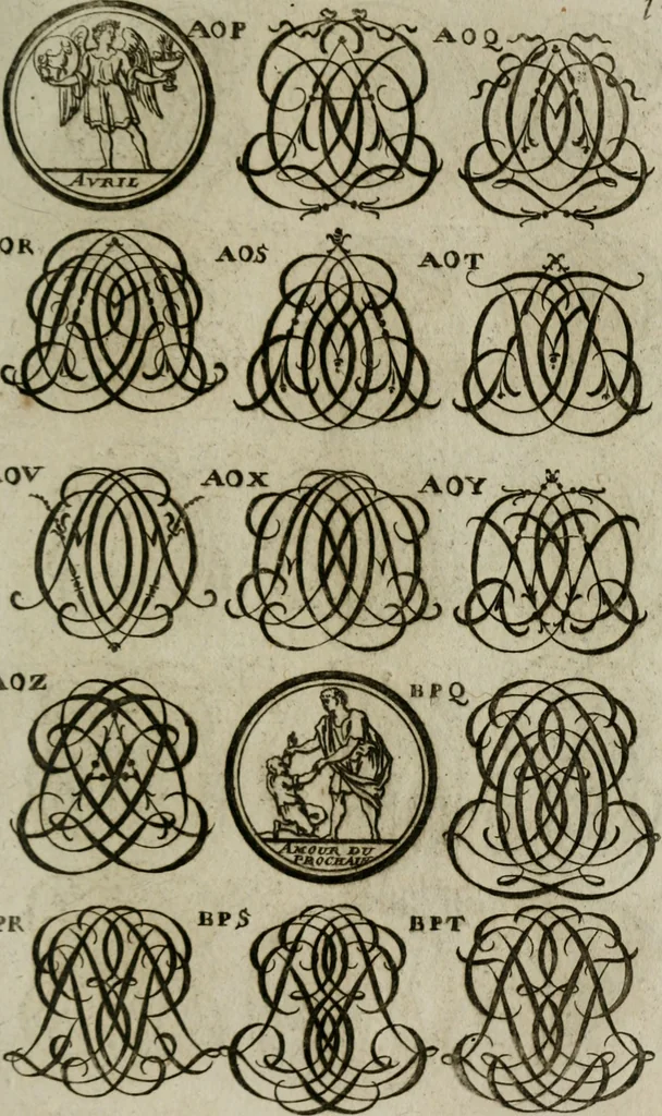 An illustration from Recueil d'emblêmes, devises, medailles, et figures hieroglyphiques, au nombre de plus de douze cent, avec leurs explications : accompagné de plus de deux mille chiffres fleuronnez simples, doubles & triples : d'une manière nouvelle & fort curieuse pour tous les noms imaginables : avec les tenants, supports, & cimiers servans aux ornemens des armes : cet ouvrage qui est enrichy de deux cens cinquante planches en taille-douce, est très-utile aux graveurs, peintres, sculpteurs, orfevres, brodeurs, serruriers, & à tous ceux qui travaillent au dessein, 1724, leaf 298