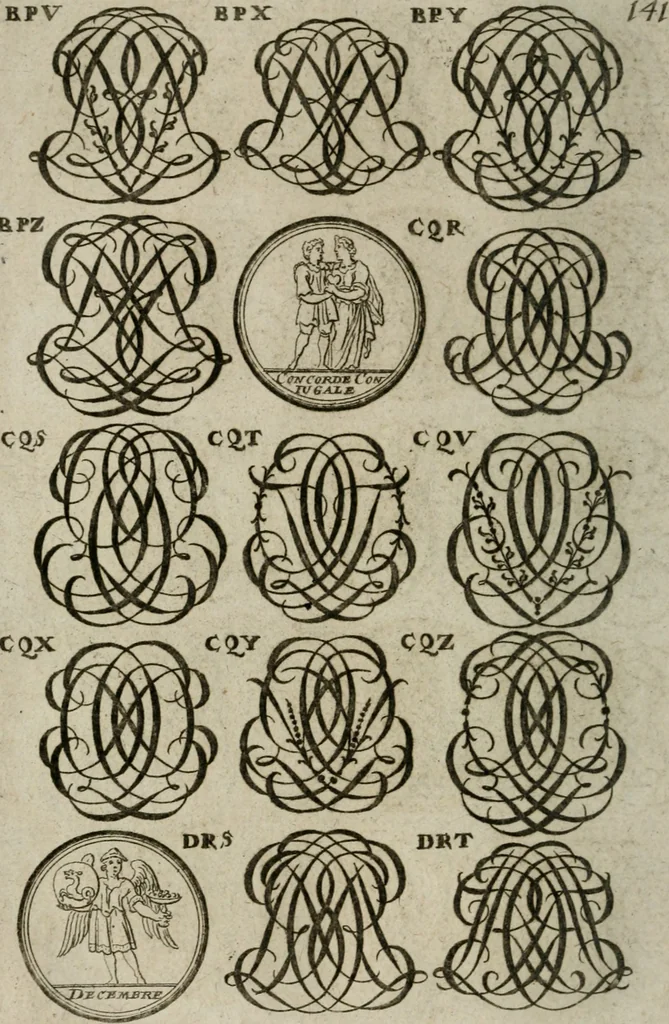 An illustration from Recueil d'emblêmes, devises, medailles, et figures hieroglyphiques, au nombre de plus de douze cent, avec leurs explications : accompagné de plus de deux mille chiffres fleuronnez simples, doubles & triples : d'une manière nouvelle & fort curieuse pour tous les noms imaginables : avec les tenants, supports, & cimiers servans aux ornemens des armes : cet ouvrage qui est enrichy de deux cens cinquante planches en taille-douce, est très-utile aux graveurs, peintres, sculpteurs, orfevres, brodeurs, serruriers, & à tous ceux qui travaillent au dessein, 1724, leaf 299