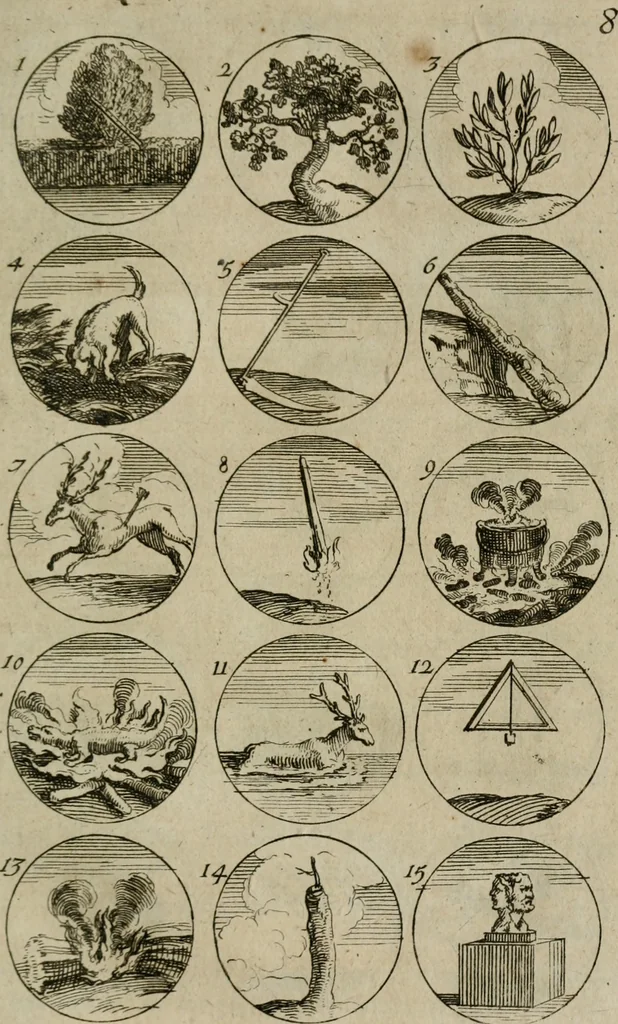 An illustration from Recueil d'emblêmes, devises, medailles, et figures hieroglyphiques, au nombre de plus de douze cent, avec leurs explications : accompagné de plus de deux mille chiffres fleuronnez simples, doubles & triples : d'une manière nouvelle & fort curieuse pour tous les noms imaginables : avec les tenants, supports, & cimiers servans aux ornemens des armes : cet ouvrage qui est enrichy de deux cens cinquante planches en taille-douce, est très-utile aux graveurs, peintres, sculpteurs, orfevres, brodeurs, serruriers, & à tous ceux qui travaillent au dessein, 1724, leaf 30