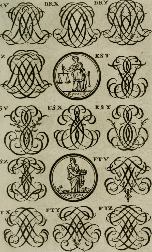 An illustration from Recueil d'emblêmes, devises, medailles, et figures hieroglyphiques, au nombre de plus de douze cent, avec leurs explications : accompagné de plus de deux mille chiffres fleuronnez simples, doubles & triples : d'une manière nouvelle & fort curieuse pour tous les noms imaginables : avec les tenants, supports, & cimiers servans aux ornemens des armes : cet ouvrage qui est enrichy de deux cens cinquante planches en taille-douce, est très-utile aux graveurs, peintres, sculpteurs, orfevres, brodeurs, serruriers, & à tous ceux qui travaillent au dessein, 1724, leaf 300