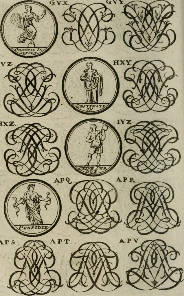 An illustration from Recueil d'emblêmes, devises, medailles, et figures hieroglyphiques, au nombre de plus de douze cent, avec leurs explications : accompagné de plus de deux mille chiffres fleuronnez simples, doubles & triples : d'une manière nouvelle & fort curieuse pour tous les noms imaginables : avec les tenants, supports, & cimiers servans aux ornemens des armes : cet ouvrage qui est enrichy de deux cens cinquante planches en taille-douce, est très-utile aux graveurs, peintres, sculpteurs, orfevres, brodeurs, serruriers, & à tous ceux qui travaillent au dessein, 1724, leaf 301