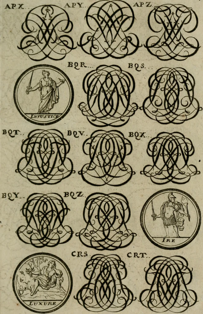 An illustration from Recueil d'emblêmes, devises, medailles, et figures hieroglyphiques, au nombre de plus de douze cent, avec leurs explications : accompagné de plus de deux mille chiffres fleuronnez simples, doubles & triples : d'une manière nouvelle & fort curieuse pour tous les noms imaginables : avec les tenants, supports, & cimiers servans aux ornemens des armes : cet ouvrage qui est enrichy de deux cens cinquante planches en taille-douce, est très-utile aux graveurs, peintres, sculpteurs, orfevres, brodeurs, serruriers, & à tous ceux qui travaillent au dessein, 1724, leaf 302