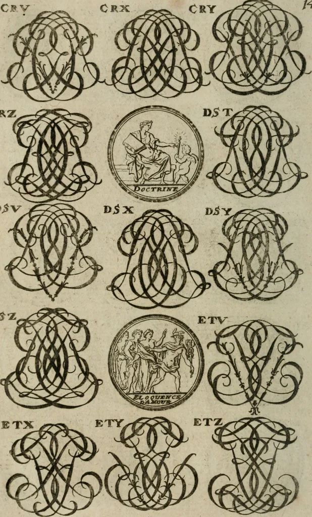 An illustration from Recueil d'emblêmes, devises, medailles, et figures hieroglyphiques, au nombre de plus de douze cent, avec leurs explications : accompagné de plus de deux mille chiffres fleuronnez simples, doubles & triples : d'une manière nouvelle & fort curieuse pour tous les noms imaginables : avec les tenants, supports, & cimiers servans aux ornemens des armes : cet ouvrage qui est enrichy de deux cens cinquante planches en taille-douce, est très-utile aux graveurs, peintres, sculpteurs, orfevres, brodeurs, serruriers, & à tous ceux qui travaillent au dessein, 1724, leaf 303