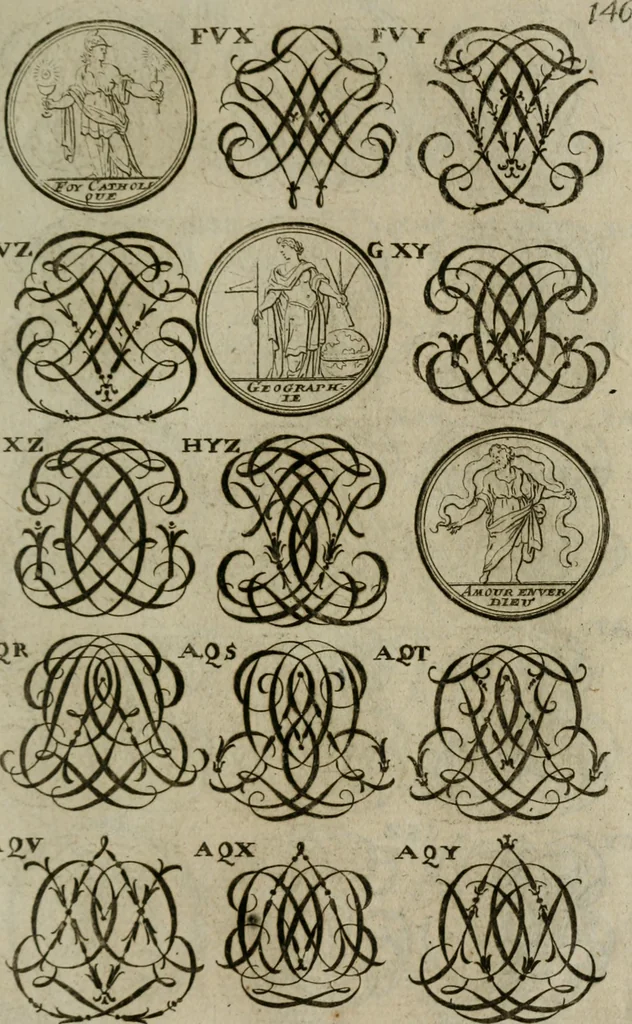 An illustration from Recueil d'emblêmes, devises, medailles, et figures hieroglyphiques, au nombre de plus de douze cent, avec leurs explications : accompagné de plus de deux mille chiffres fleuronnez simples, doubles & triples : d'une manière nouvelle & fort curieuse pour tous les noms imaginables : avec les tenants, supports, & cimiers servans aux ornemens des armes : cet ouvrage qui est enrichy de deux cens cinquante planches en taille-douce, est très-utile aux graveurs, peintres, sculpteurs, orfevres, brodeurs, serruriers, & à tous ceux qui travaillent au dessein, 1724, leaf 304