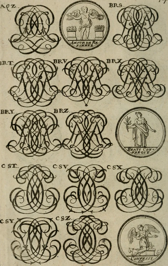 An illustration from Recueil d'emblêmes, devises, medailles, et figures hieroglyphiques, au nombre de plus de douze cent, avec leurs explications : accompagné de plus de deux mille chiffres fleuronnez simples, doubles & triples : d'une manière nouvelle & fort curieuse pour tous les noms imaginables : avec les tenants, supports, & cimiers servans aux ornemens des armes : cet ouvrage qui est enrichy de deux cens cinquante planches en taille-douce, est très-utile aux graveurs, peintres, sculpteurs, orfevres, brodeurs, serruriers, & à tous ceux qui travaillent au dessein, 1724, leaf 305