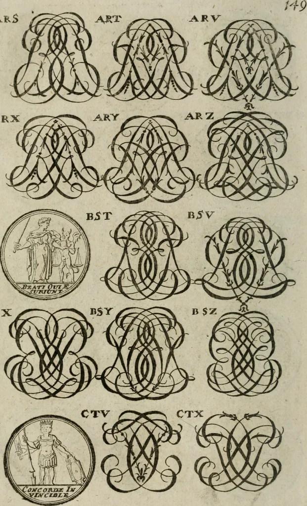 An illustration from Recueil d'emblêmes, devises, medailles, et figures hieroglyphiques, au nombre de plus de douze cent, avec leurs explications : accompagné de plus de deux mille chiffres fleuronnez simples, doubles & triples : d'une manière nouvelle & fort curieuse pour tous les noms imaginables : avec les tenants, supports, & cimiers servans aux ornemens des armes : cet ouvrage qui est enrichy de deux cens cinquante planches en taille-douce, est très-utile aux graveurs, peintres, sculpteurs, orfevres, brodeurs, serruriers, & à tous ceux qui travaillent au dessein, 1724, leaf 307