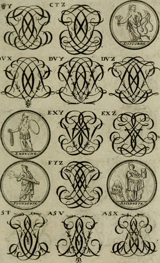 An illustration from Recueil d'emblêmes, devises, medailles, et figures hieroglyphiques, au nombre de plus de douze cent, avec leurs explications : accompagné de plus de deux mille chiffres fleuronnez simples, doubles & triples : d'une manière nouvelle & fort curieuse pour tous les noms imaginables : avec les tenants, supports, & cimiers servans aux ornemens des armes : cet ouvrage qui est enrichy de deux cens cinquante planches en taille-douce, est très-utile aux graveurs, peintres, sculpteurs, orfevres, brodeurs, serruriers, & à tous ceux qui travaillent au dessein, 1724, leaf 308