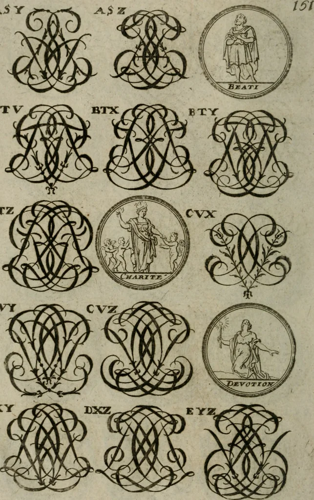An illustration from Recueil d'emblêmes, devises, medailles, et figures hieroglyphiques, au nombre de plus de douze cent, avec leurs explications : accompagné de plus de deux mille chiffres fleuronnez simples, doubles & triples : d'une manière nouvelle & fort curieuse pour tous les noms imaginables : avec les tenants, supports, & cimiers servans aux ornemens des armes : cet ouvrage qui est enrichy de deux cens cinquante planches en taille-douce, est très-utile aux graveurs, peintres, sculpteurs, orfevres, brodeurs, serruriers, & à tous ceux qui travaillent au dessein, 1724, leaf 309