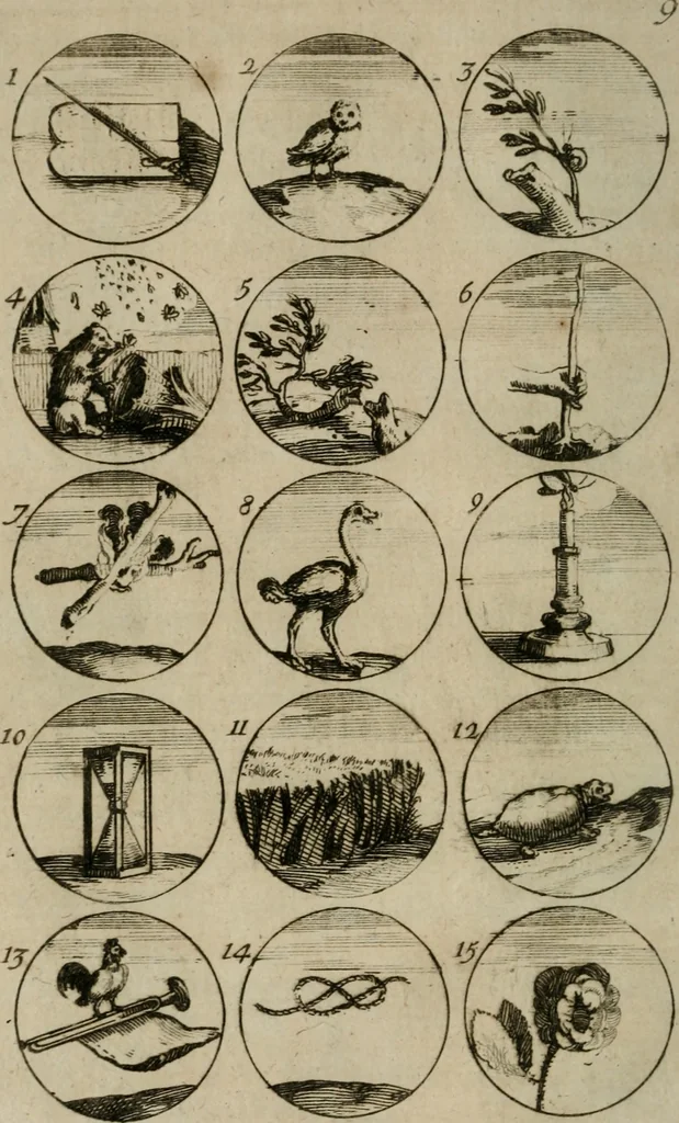 An illustration from Recueil d'emblêmes, devises, medailles, et figures hieroglyphiques, au nombre de plus de douze cent, avec leurs explications : accompagné de plus de deux mille chiffres fleuronnez simples, doubles & triples : d'une manière nouvelle & fort curieuse pour tous les noms imaginables : avec les tenants, supports, & cimiers servans aux ornemens des armes : cet ouvrage qui est enrichy de deux cens cinquante planches en taille-douce, est très-utile aux graveurs, peintres, sculpteurs, orfevres, brodeurs, serruriers, & à tous ceux qui travaillent au dessein, 1724, leaf 31