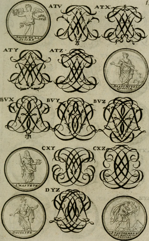 An illustration from Recueil d'emblêmes, devises, medailles, et figures hieroglyphiques, au nombre de plus de douze cent, avec leurs explications : accompagné de plus de deux mille chiffres fleuronnez simples, doubles & triples : d'une manière nouvelle & fort curieuse pour tous les noms imaginables : avec les tenants, supports, & cimiers servans aux ornemens des armes : cet ouvrage qui est enrichy de deux cens cinquante planches en taille-douce, est très-utile aux graveurs, peintres, sculpteurs, orfevres, brodeurs, serruriers, & à tous ceux qui travaillent au dessein, 1724, leaf 310
