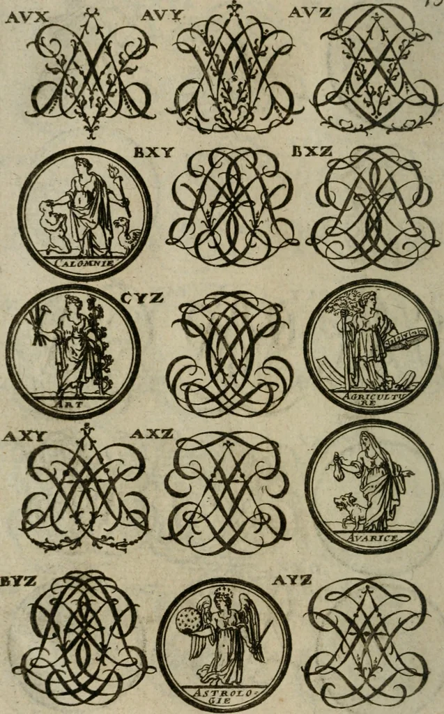An illustration from Recueil d'emblêmes, devises, medailles, et figures hieroglyphiques, au nombre de plus de douze cent, avec leurs explications : accompagné de plus de deux mille chiffres fleuronnez simples, doubles & triples : d'une manière nouvelle & fort curieuse pour tous les noms imaginables : avec les tenants, supports, & cimiers servans aux ornemens des armes : cet ouvrage qui est enrichy de deux cens cinquante planches en taille-douce, est très-utile aux graveurs, peintres, sculpteurs, orfevres, brodeurs, serruriers, & à tous ceux qui travaillent au dessein, 1724, leaf 311