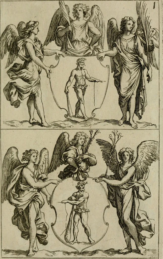 An illustration from Recueil d'emblêmes, devises, medailles, et figures hieroglyphiques, au nombre de plus de douze cent, avec leurs explications : accompagné de plus de deux mille chiffres fleuronnez simples, doubles & triples : d'une manière nouvelle & fort curieuse pour tous les noms imaginables : avec les tenants, supports, & cimiers servans aux ornemens des armes : cet ouvrage qui est enrichy de deux cens cinquante planches en taille-douce, est très-utile aux graveurs, peintres, sculpteurs, orfevres, brodeurs, serruriers, & à tous ceux qui travaillent au dessein, 1724, leaf 338